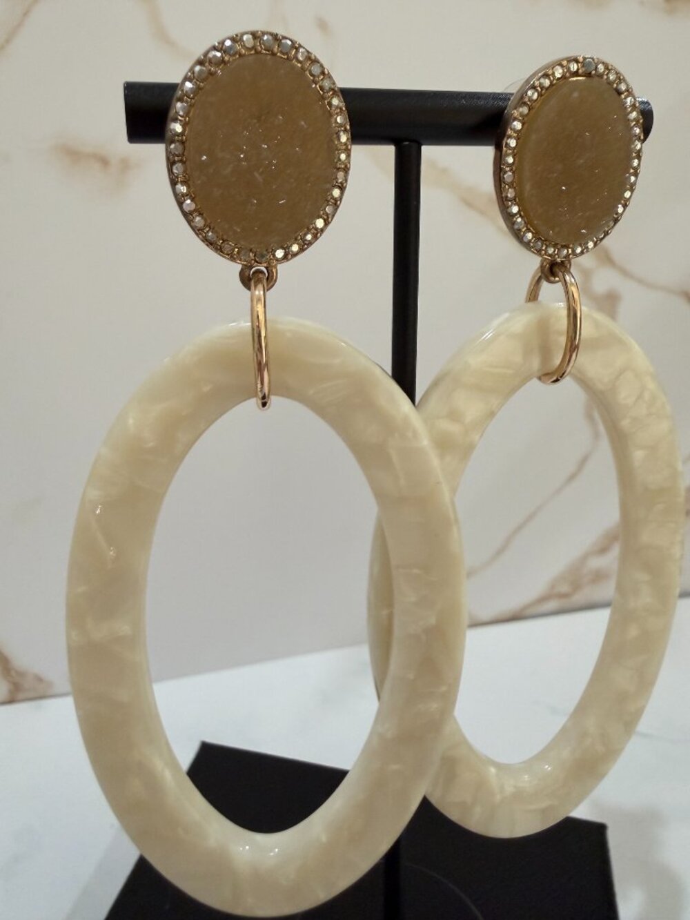 BaubleBar Gold Rhinestone & Cream Resin Oval Hoop Drop Earrings